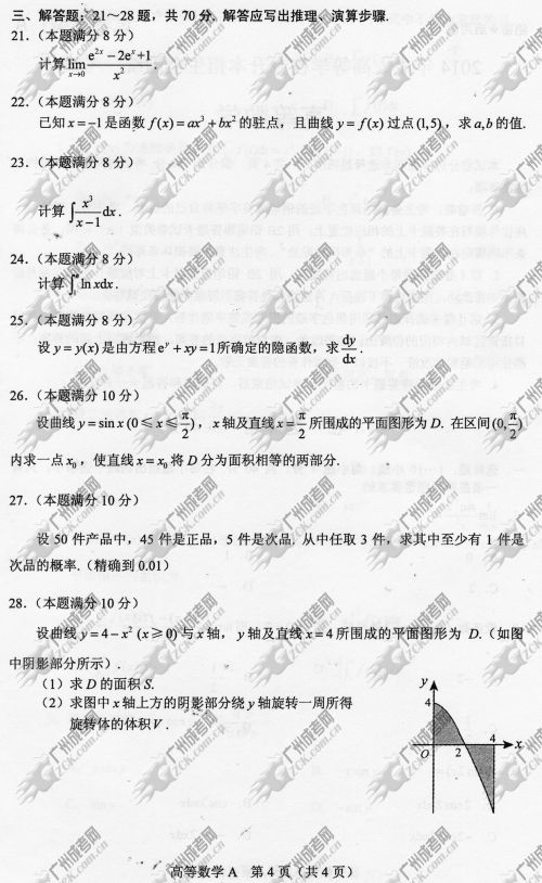 广东成人高考2014年统一考试专升本高等数学真题A卷